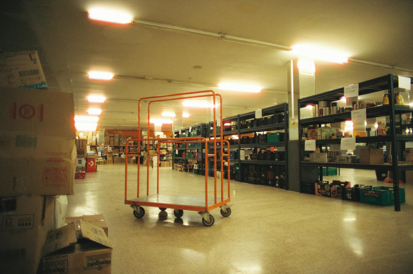 Organized distribution warehouse with shelving and fulfillment operations